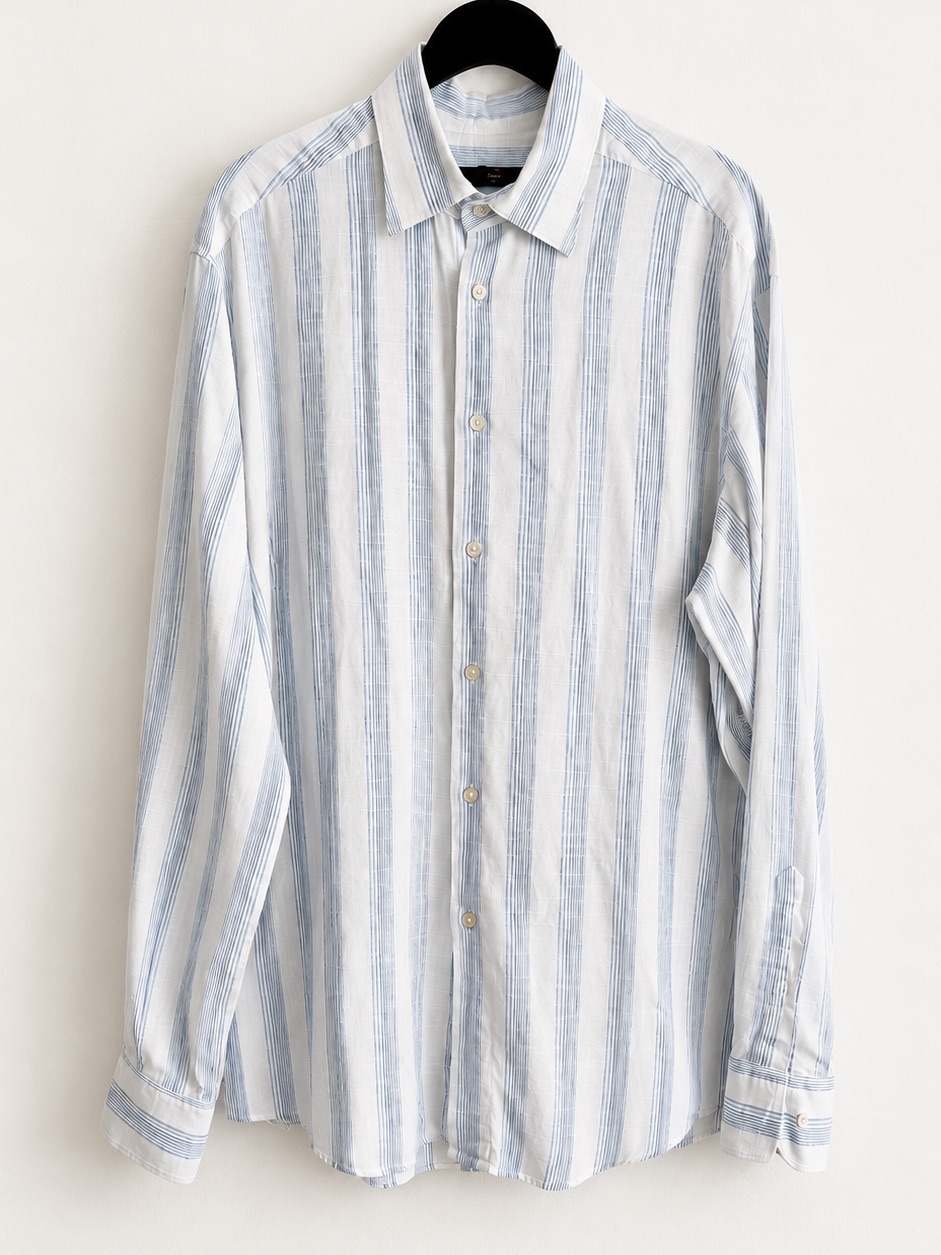 Zegna Men's Cotton Linen Dress Shirt In Light Blue Stripe